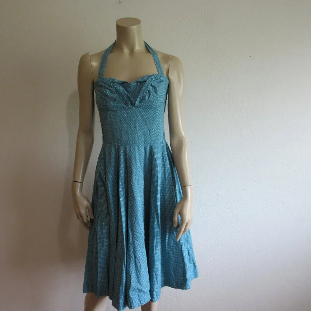 Girls from Savoy Green Microdot 2 Retro 60's Halter Fit & Flare Dress - Picture 1 of 5